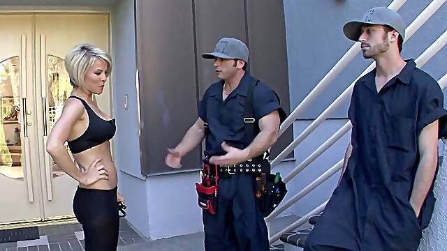 Repair guys fuck premium MILF in her home and cum on her face