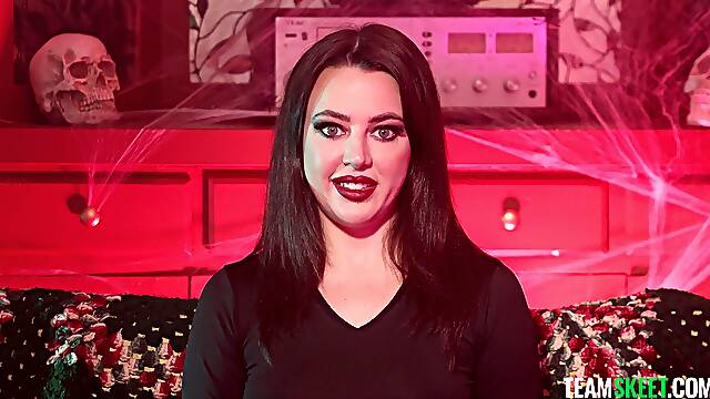 Steamy brunette jumps on dick and throats it in supreme Halloween kinks