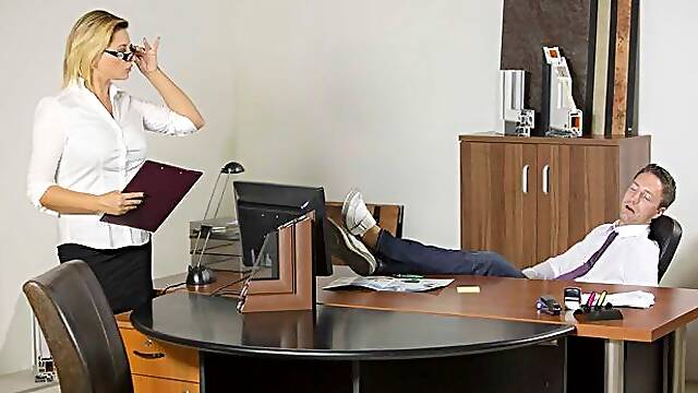 Beautiful silicone tits babe in stockings Anna Polina fucked by boss