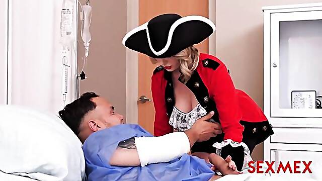 Big-boobed chick Emily Thorne jumps on a large sausage