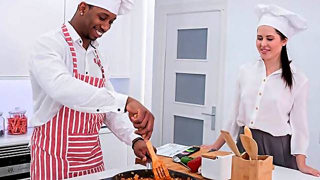 Cassie Fire, wears lingerie for an interracial anal