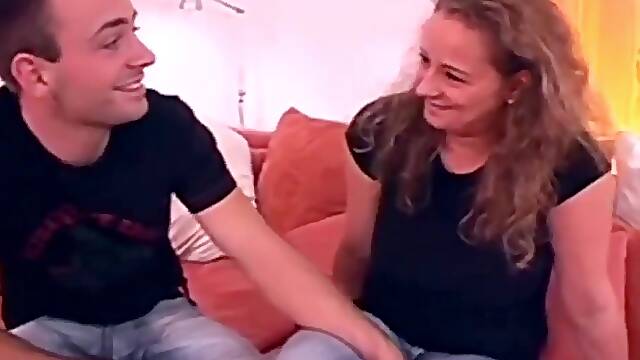 Nice German blonde MILF in catsuit fucks younger boy