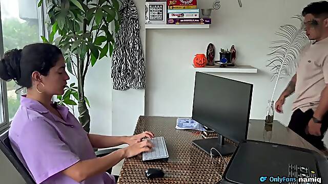 Sex in the office with my secretary wife, she on me!