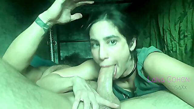 Amateur brunette slut Lana Cohen stuffs big cock down her throat