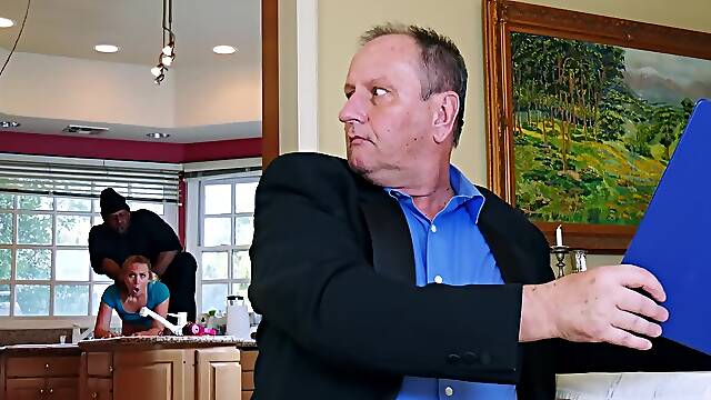 Blonde MILF fucked by black burglar behind husbands back