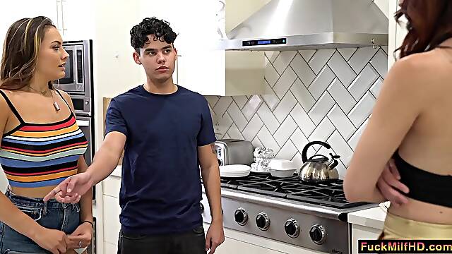 Wicked boyfriend started sucking my titties whilst I was washing dishes, when his stepmom caught...