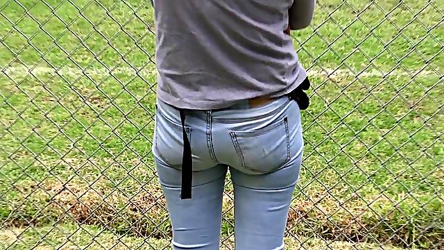 MY SHAGGY WIFE'S LARGE BOOTY, 58 YEARS OLD, EXHIBITS IT IN JEAN, FONDLED HIM, I JERK OFF
