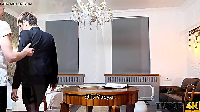 TUTOR4K. Stud bangs intelligent aged trainer in all poses this babe loves