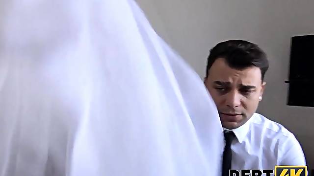 DEBT4k Debt collector bangs the bride in white suit and nylons