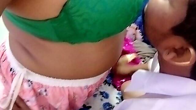 Desi girl opens her green bra and grabs boyfriend's cock.