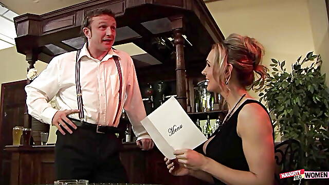 Instead of food the blonde milf wants the waiter and his thick cock inside her