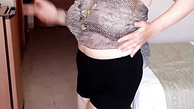 Teasing by huge natural boobs, sexy dance and strip by MariaOld milf