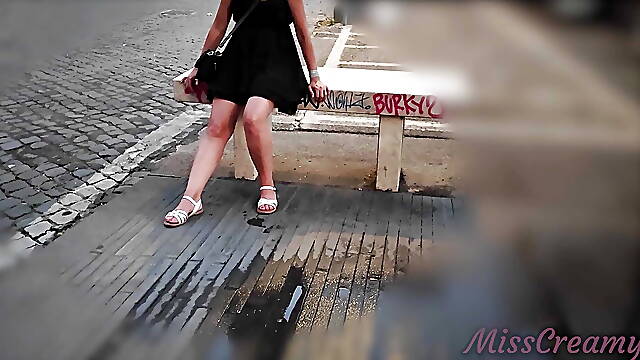 No panty in short dress in the center city Pussy flash walking in public front everyone - MissCreamy