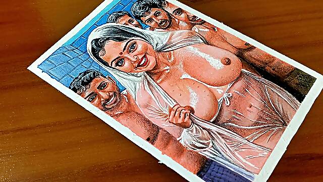 Erotic Art Or Drawing Of Sexy Indian Woman getting wet with Four Men