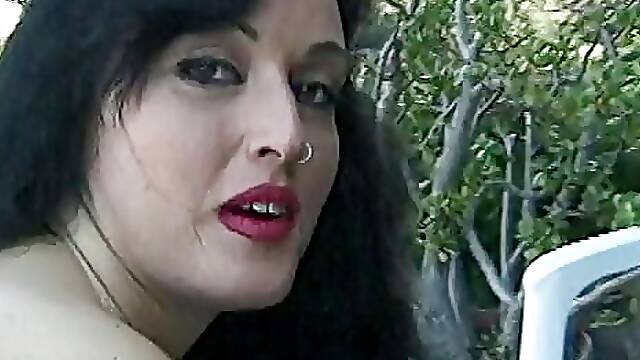 Tattoed brunette pornstar with round boobs begs for dick peneteration outdoor