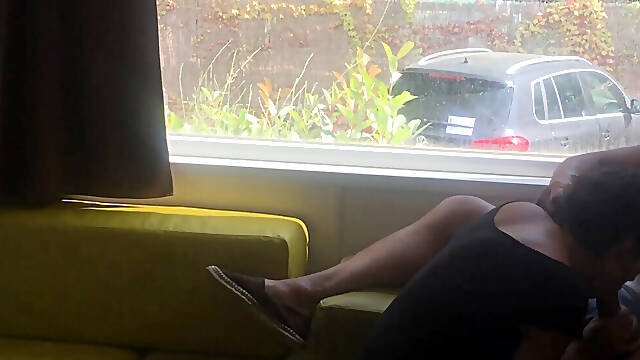 Camping risky public blowjob in front of an open window