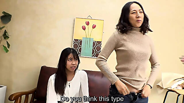 Extreme Japanese age gap lingerie interview and CFNM handjob