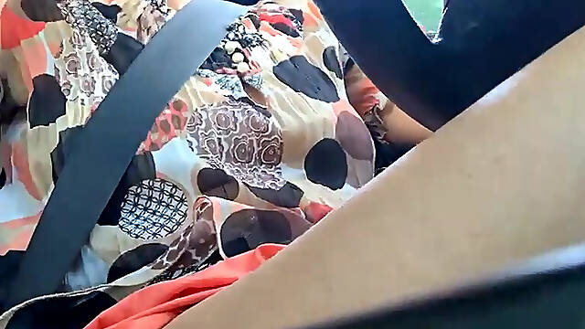 Horny mature wife flashes and rubs her wet pussy in the car in public