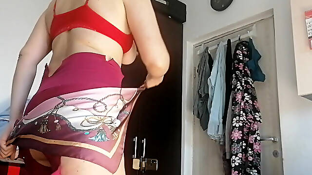 Amateur wife has fun trying on clothes and cutting them. Amateur wife vacuuming naked in the house.
