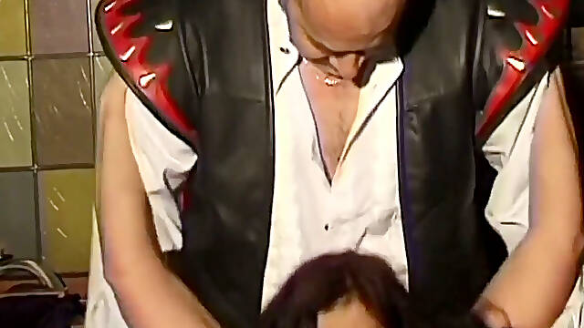 Insatiable Mature MILF Serves Two Men in Leather