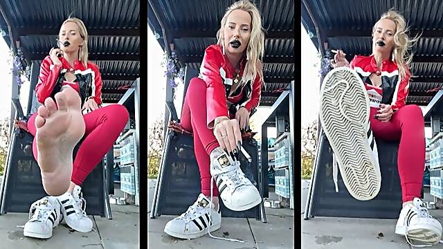 Sexy Marlboro girl smokes Marlboro red 100 in superstars while u worship them