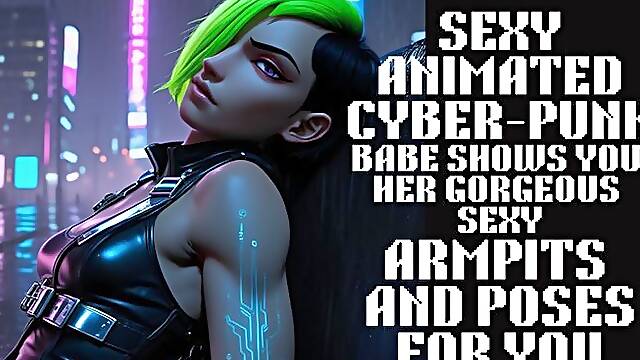 Sexy fantasy Cyber Punk futuristic babe shows you her sexy muscled armpits and poses for you as you watch them