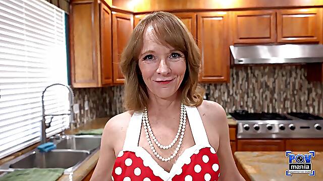 Hot sexy MILF Cindi Sinclair on her knees in the kitchen sucking cock! POVMania