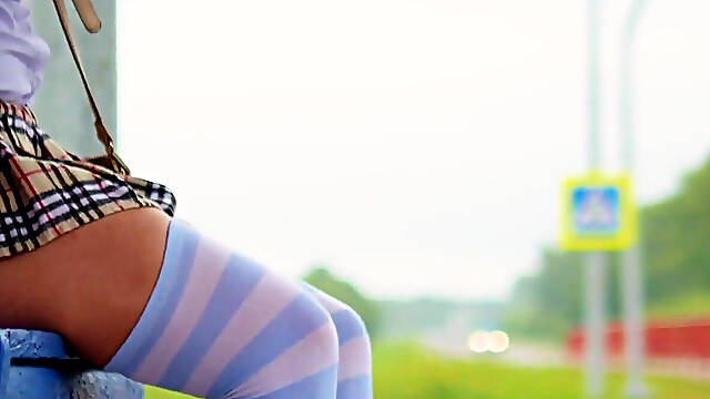 46- Anya in the Image of a Schoolgirl Is Waiting for Her Bus. Look Under Her Skirt! *4k 60fps