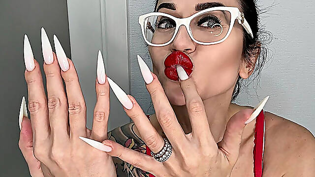 Hot White Color Long Nails, Sharp Claws and Kinky Handjobs with Spit