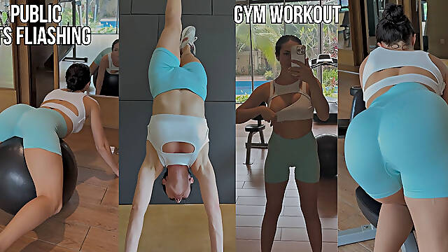 Sexy Workout, Jumping on a Ball, Tits Flash in a Public Gym